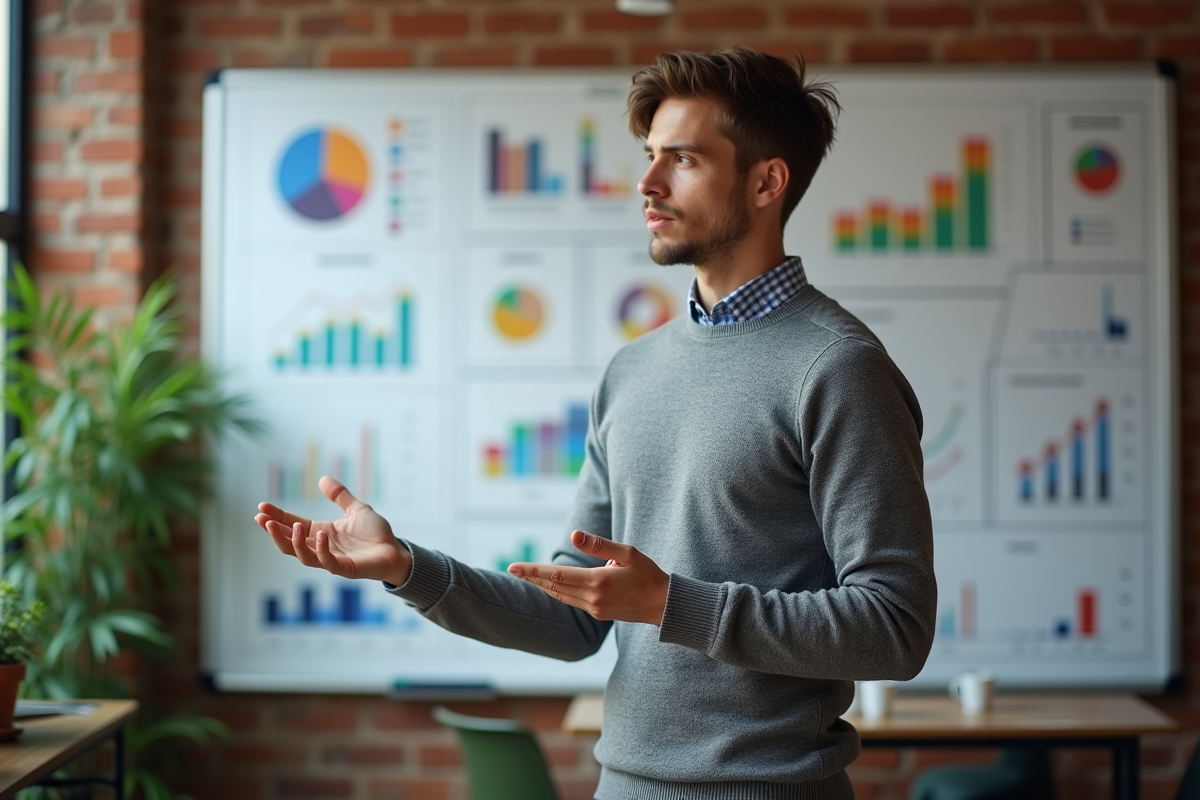 Jeune homme en startup présentant des graphiques colorés