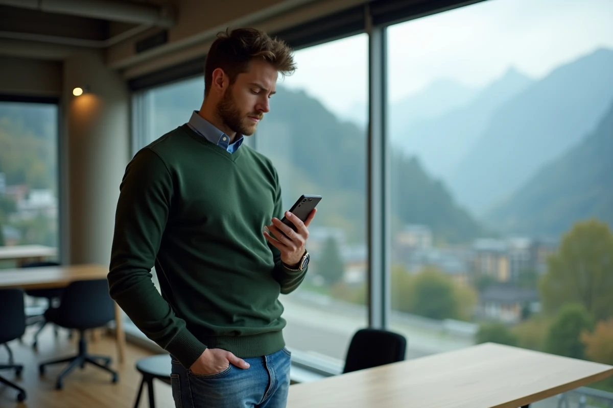 Jeune homme v&eacute;rifiant ses emails sur son smartphone pr&egrave;s des Alpes