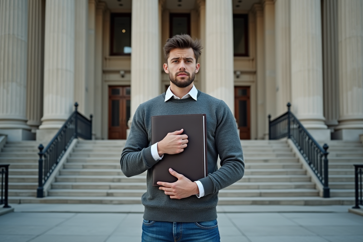 Jeune homme devant un palais de justice avec dossier