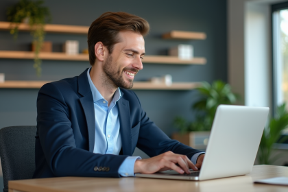 Jeune homme professionnel utilisant un CRM dans un bureau lumineux