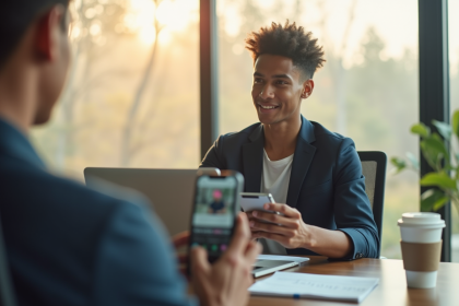 Jeune professionnel dans un bureau avec smartphone et ordinateur