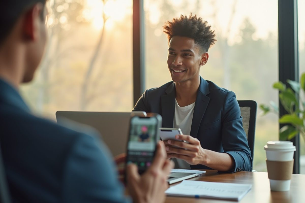 Jeune professionnel dans un bureau avec smartphone et ordinateur