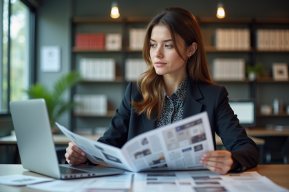 Jeune femme professionnelle en bureau moderne en train de revoir des propositions