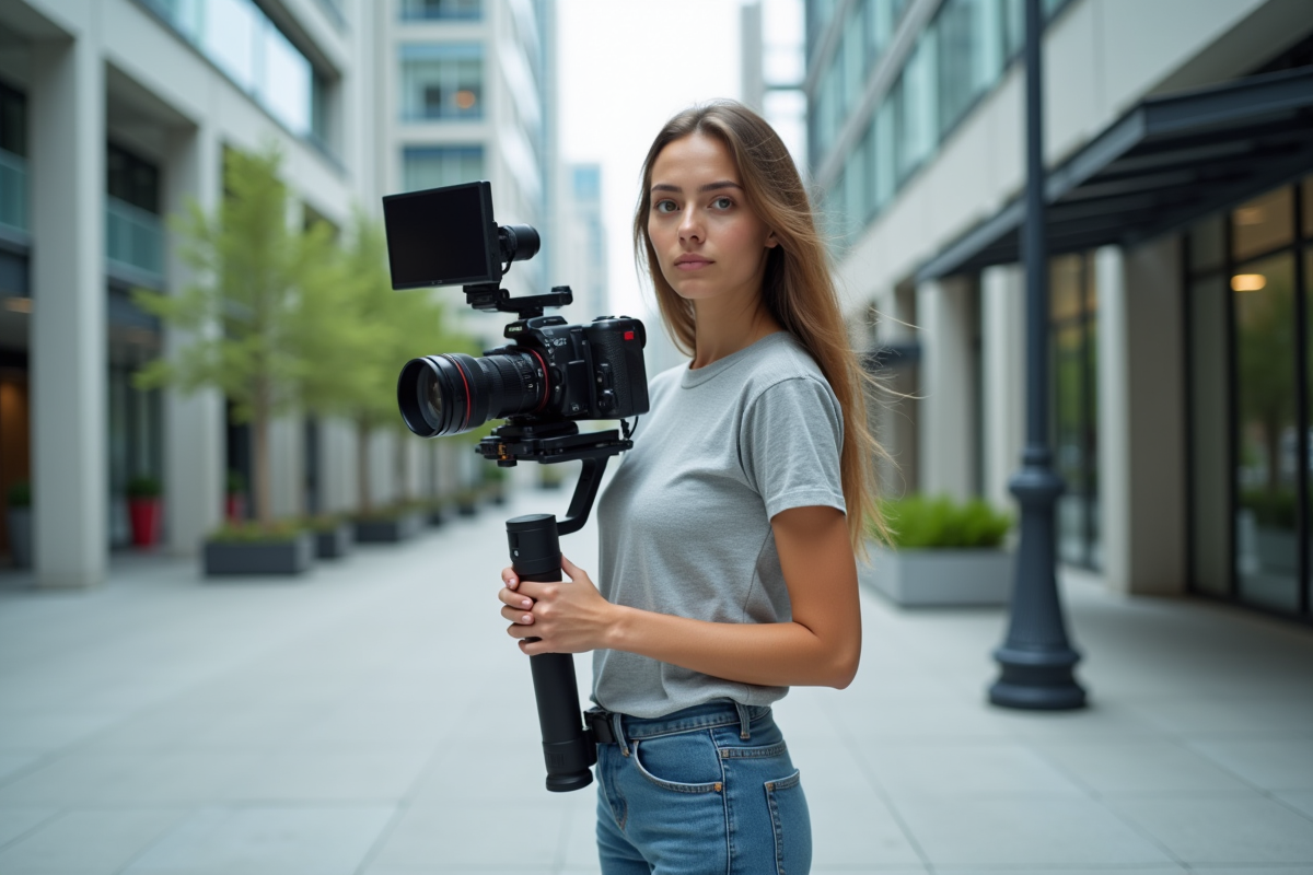 Jeune femme vidéaste en extérieur avec caméra stabilisée