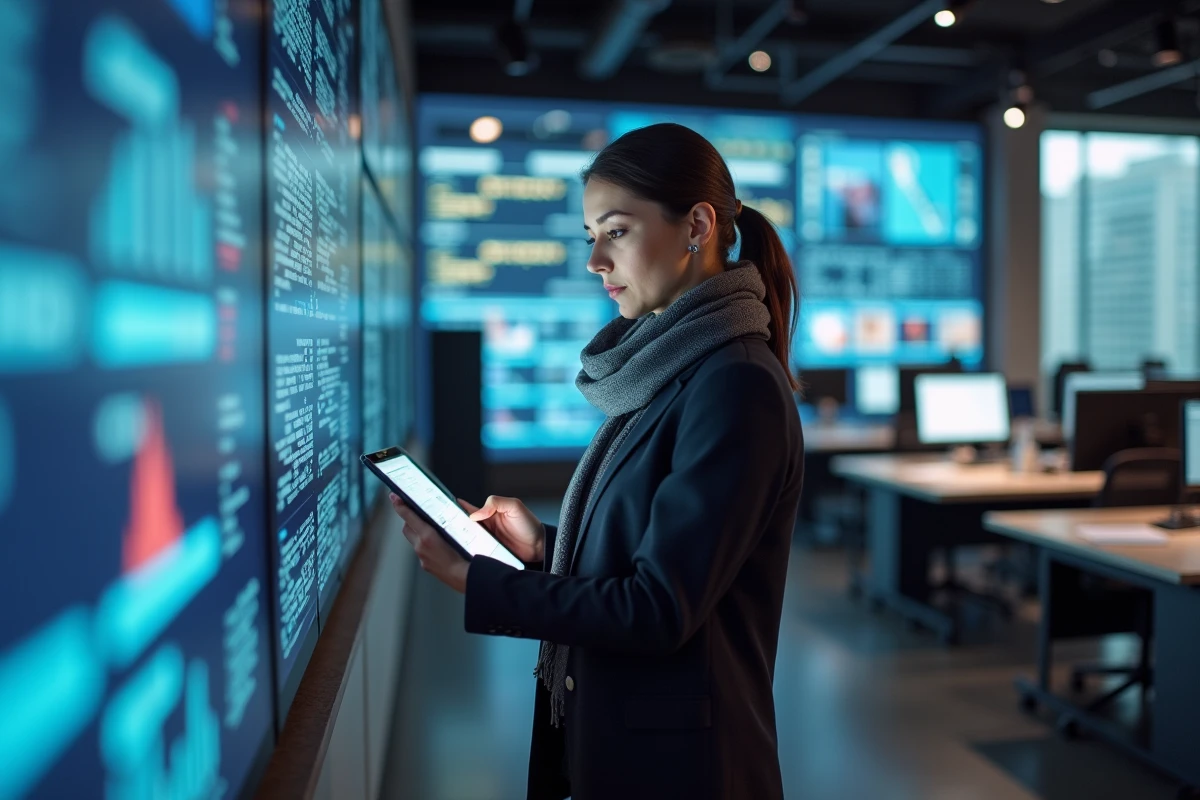 Femme journaliste dans une salle de presse regardant une tablette