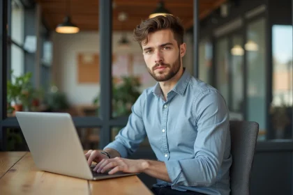Jeune journaliste assis &agrave; un bureau coworking en train de taper sur un ordinateur portable