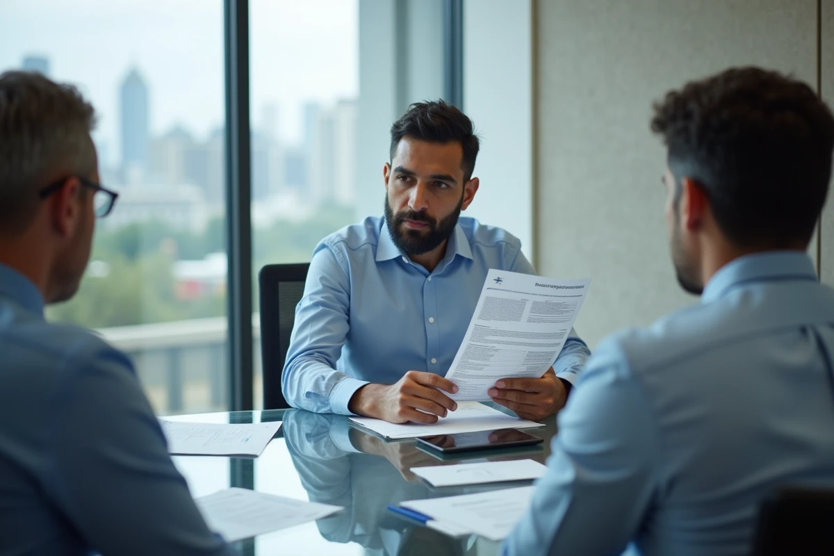 Lecture guidée d'un extrait Kbis et fiche societe.com lors d'une réunion d'affaires professionnelle