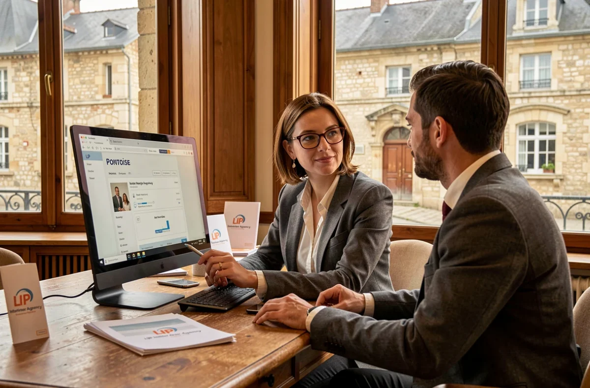 Recruteuse de l'agence LIP Pontoise examinant un profil numérique avec un candidat dans un bureau donnant sur le centre historique de Pontoise