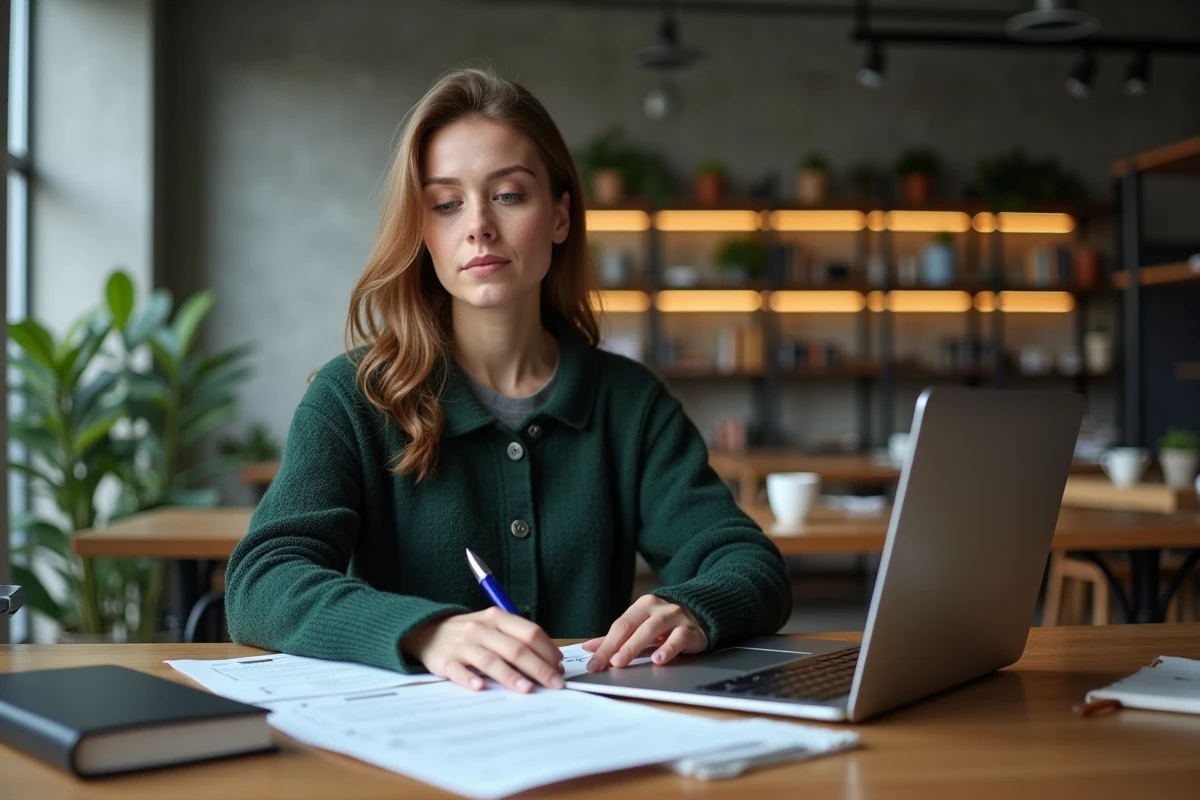 Jeune femme vérifiant une liste de contrôle de connexion à son espace RH en ligne dans un espace de coworking
