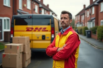 Livreur DHL en grève debout devant son camion avec des colis non livrés dans une rue résidentielle