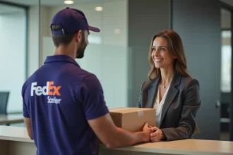 Livreur FedEx remettant un colis à une professionnelle dans un bureau moderne, illustrant le service client FedEx pour les entreprises