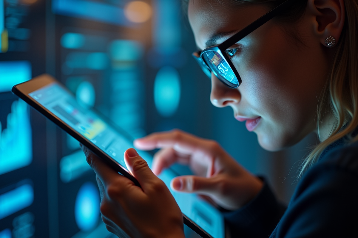 Mains utilisant une tablette futuriste avec visualisations de données