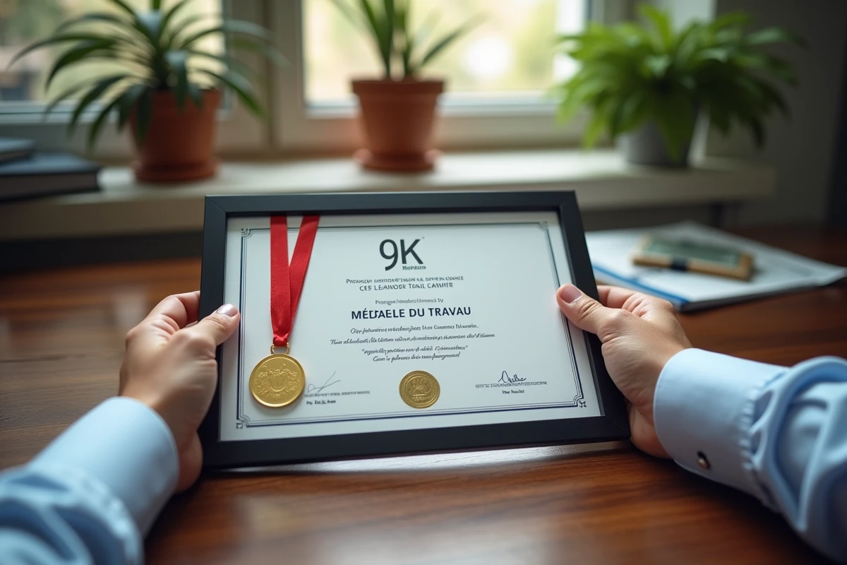 Mains tenant un certificat de medaille du travail dans un bureau