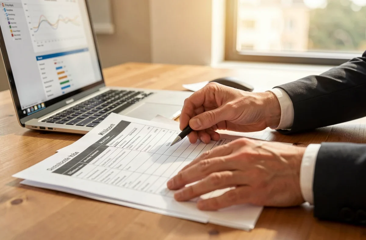 Mains d'un responsable RH préparant des feuilles de listes de candidats