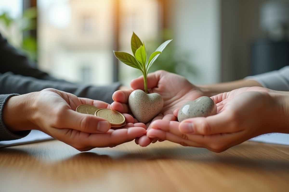 Trois mains tenant une plante une pièce de monnaie et un cœur en bois