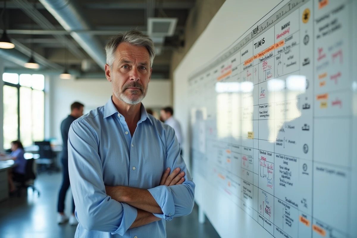 Manager debout devant un tableau de planning hebdomadaire analysant les horaires et les heures supplémentaires des employés