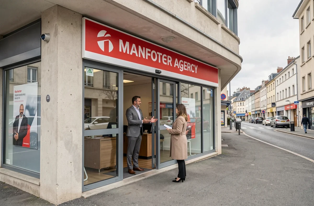 Façade de l'agence Manpower à Cergy avec un recruteur accueillant une candidate à l'entrée
