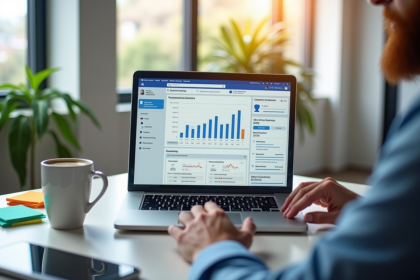Marketeur numérique travaillant sur un ordinateur avec analytics Facebook