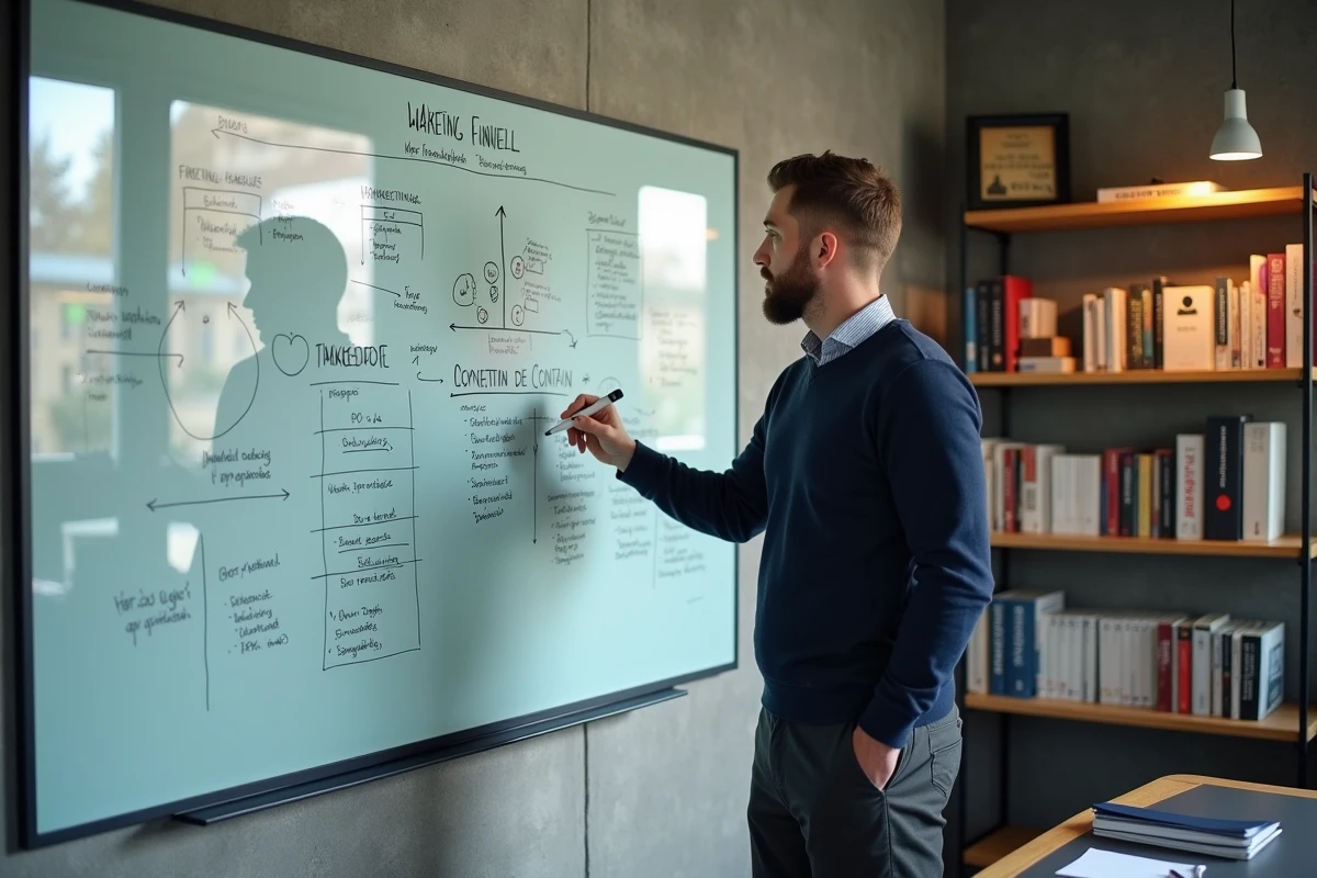 Marketeur masculin présentant une stratégie de distribution de contenu sur un tableau blanc dans une agence créative