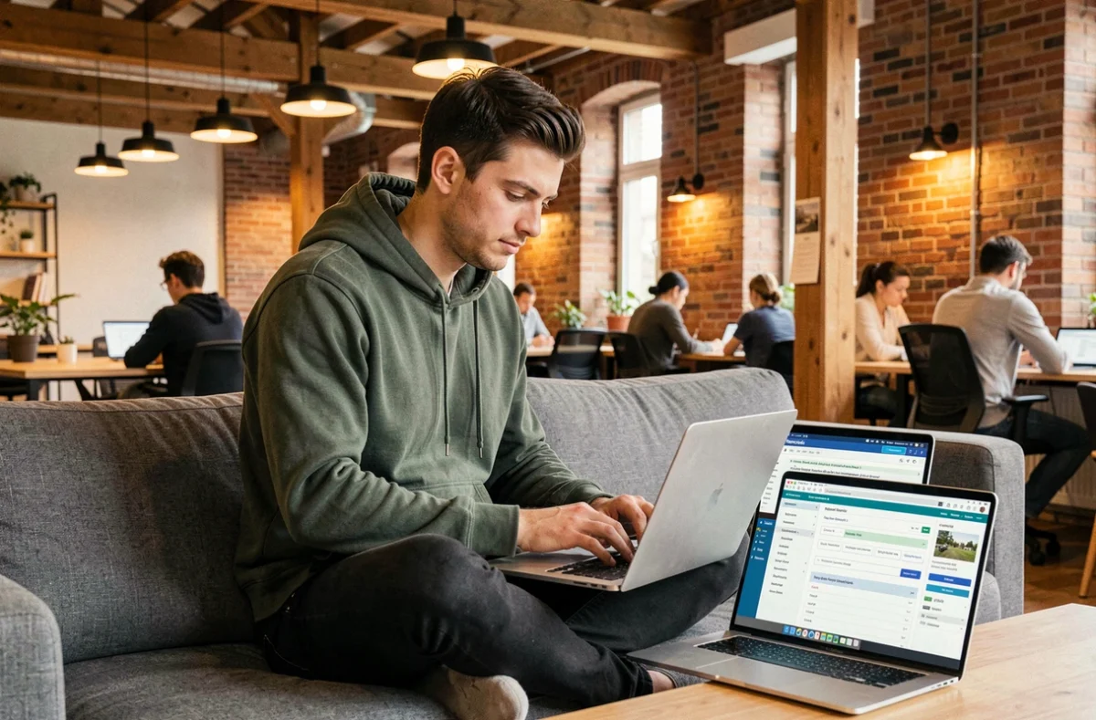 Maxime Augiat, consultant SEO freelance, travaillant sur une recherche de mots-clés locaux dans un espace de coworking à Toulouse