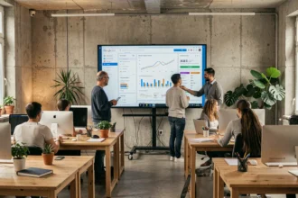 Bureau d'une agence Google Ads en Seine-Maritime avec des professionnels du marketing digital travaillant sur des campagnes publicitaires