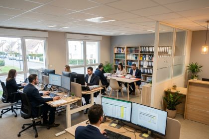 Vue d'ensemble d'un cabinet comptable moderne à Serris avec des professionnels travaillant sur des documents financiers
