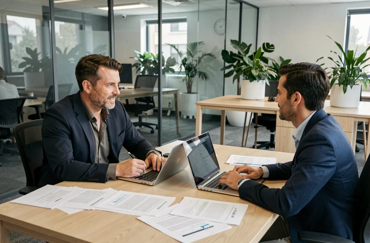 Musicien freelance en réunion avec un conseiller en portage salarial dans un espace coworking