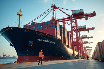 Navire cargo international au port avec conteneurs et grues