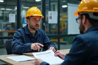 Ouvrier en 5x8 négociant ses primes et avantages avec un responsable RH dans un bureau industriel