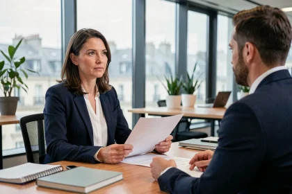Salariée française négociant le télétravail complet avec son manager dans un bureau parisien moderne