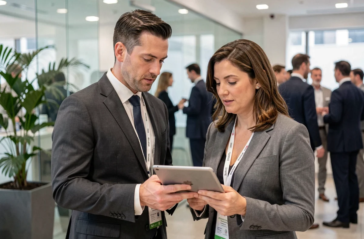 Deux décideurs B2B en discussion stratégique lors d'un événement networking professionnel gratuit