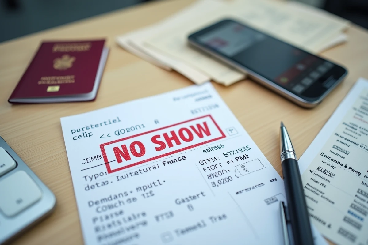 Carte d'embarquement tamponnée no show avec passeport français et smartphone affichant un statut de vol sur un bureau d'aéroport