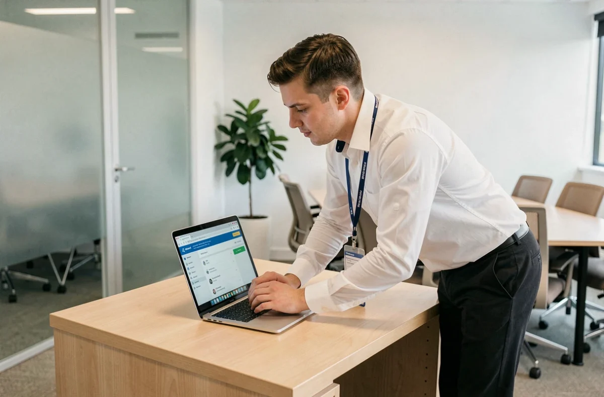 Nouvel employé explorant le portail intranet IPN Air France sur un laptop dans une salle de formation moderne