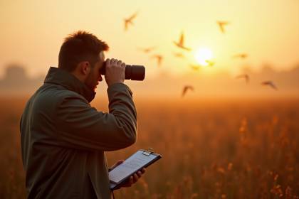 Observateur d'oiseaux au lever du soleil avec jumelles dans un champ
