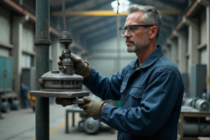 Ouvrier industriel opérant une machine de grenaillage sur une pièce métallique automobile dans une usine