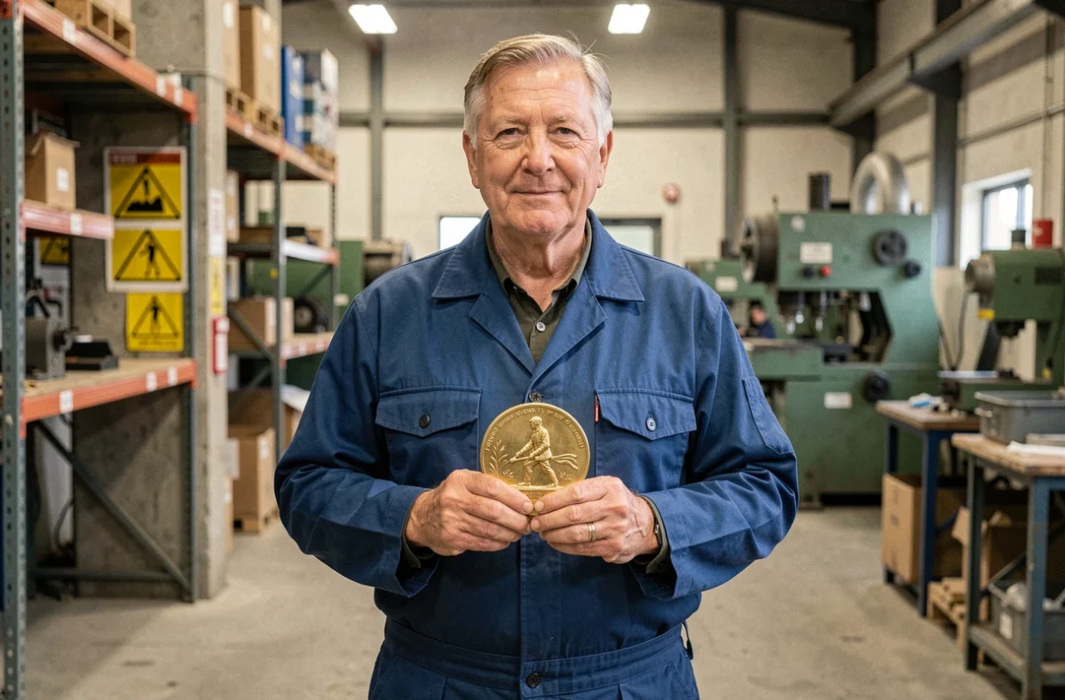 Ouvrier de 60 ans en uniforme bleu tenant fièrement sa médaille du travail dans un atelier industriel après des décennies de carrière