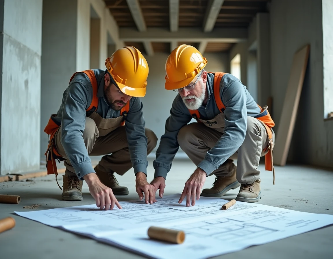 Deux ouvriers du bâtiment étudiant des plans architecturaux sur un chantier de construction pour valider un devis BTP