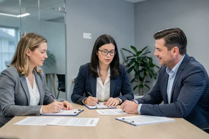Panel de recruteurs diversifiés analysant des formulaires d'évaluation de candidats pour éviter les biais de sélection en entretien