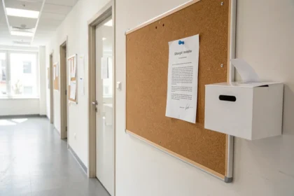 Panneau d'affichage d'entreprise avec un avis au personnel et une urne