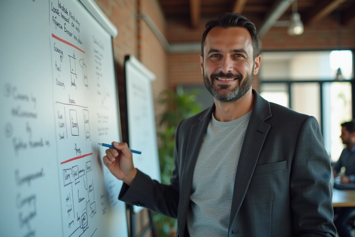 Parcours entrepreneurial illustré avec organigramme d'entreprise dans un espace de coworking moderne