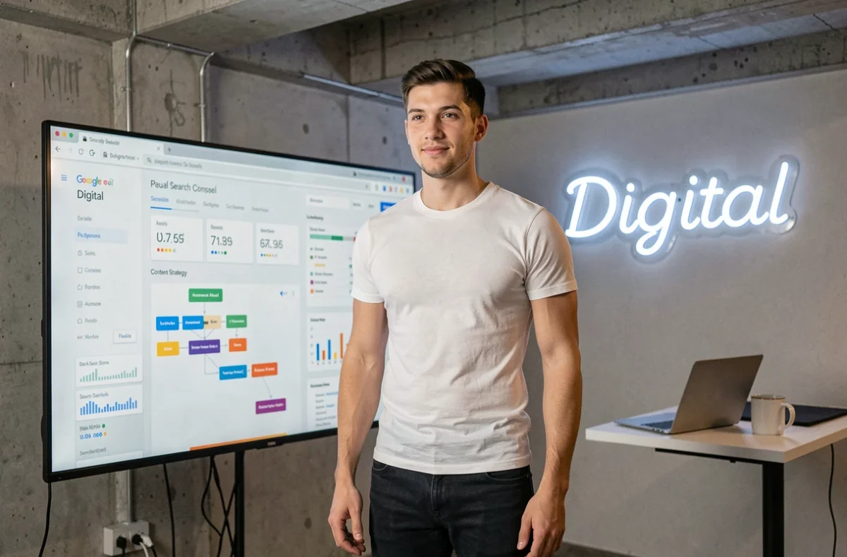 Consultant de Paul Digital debout devant un mur d'écrans affichant des données SEO et des indicateurs de performance web