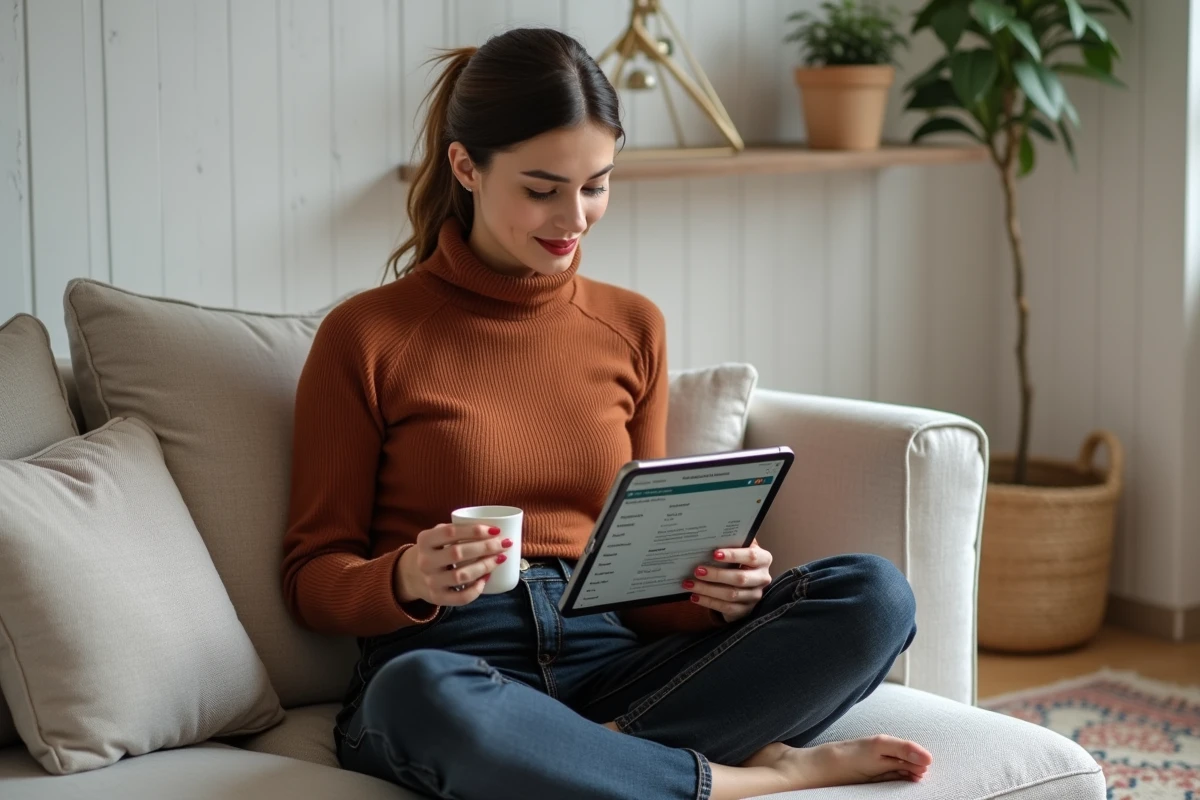 Jeune femme planifiant une stratégie éditoriale de contenu sur une tablette dans un espace de travail à domicile minimaliste