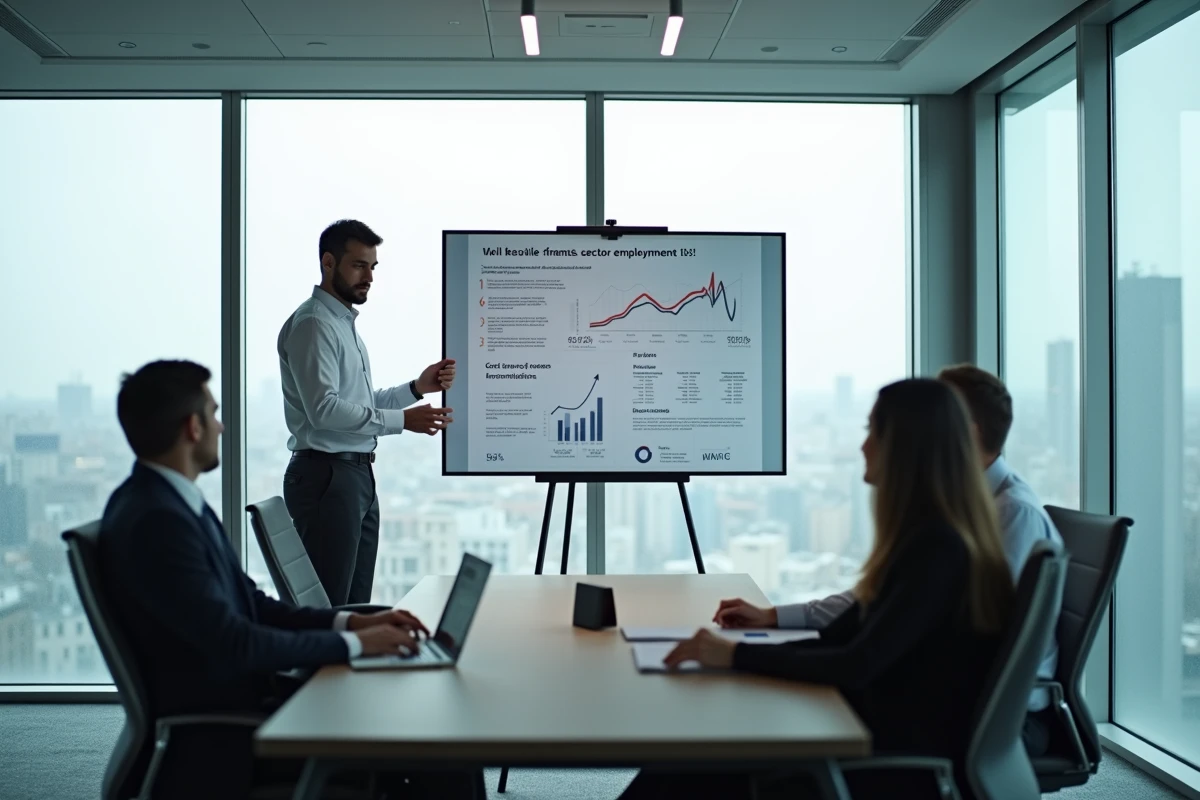 Professionnel présentant les tendances de l'emploi dans le secteur tertiaire français à une équipe en salle de réunion