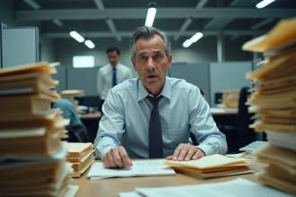 Cadre intermédiaire dépassé par ses responsabilités, illustrant le principe de Peter et l'incompétence managériale en entreprise
