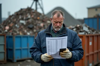 Ouvrier comparant le prix de la ferraille Derichebourg sur smartphone dans un centre de recyclage