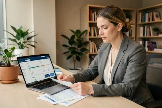 Femme professionnelle consultant des documents de conformité réglementaire FDJ sur un bureau moderne