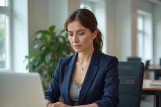Professionnelle consultant des documents Kbis sur ordinateur portable dans un bureau moderne