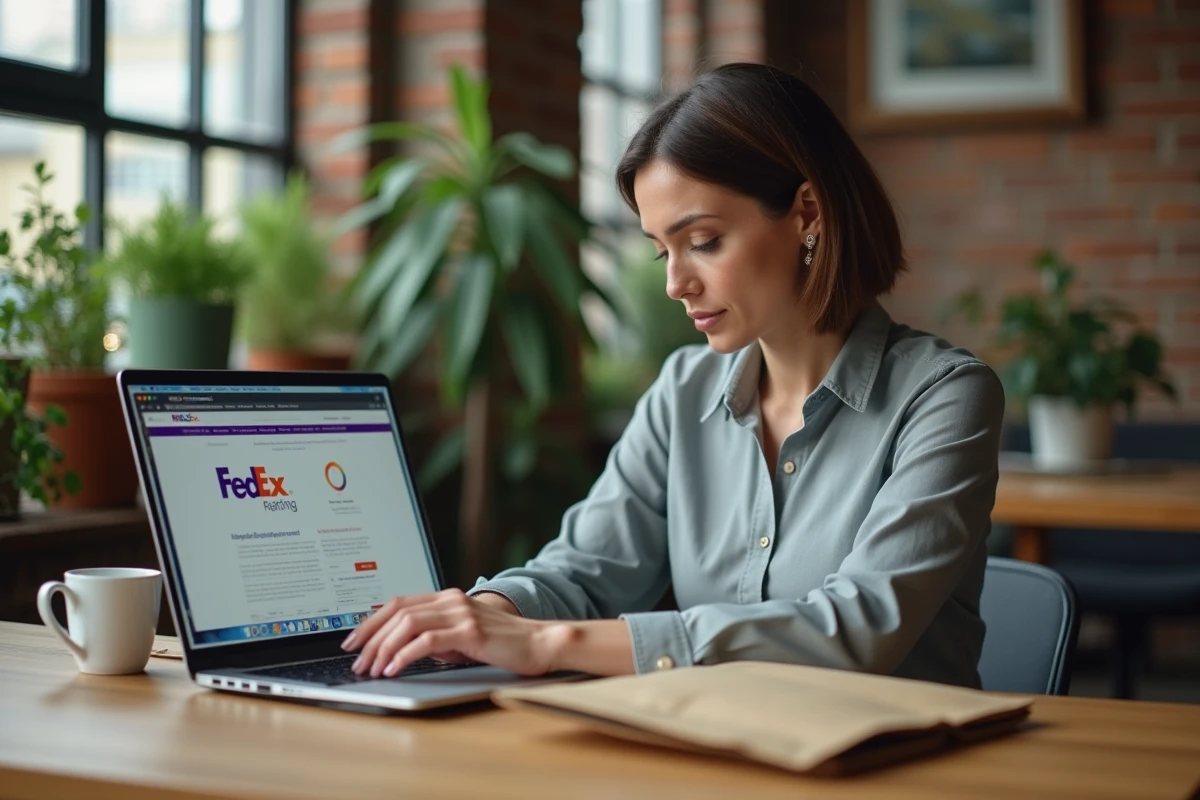 Professionnelle consultant le suivi de colis FedEx sur son ordinateur portable dans un bureau moderne, représentant la gestion logistique d'entreprise