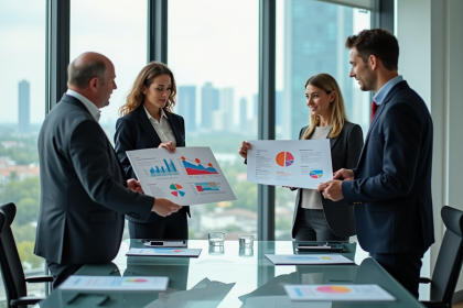 Quatre professionnels en réunion dans un bureau lumineux