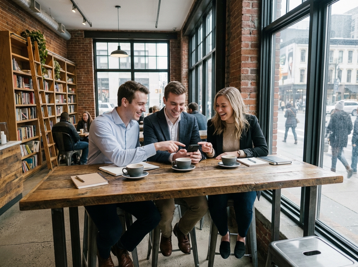 Trois jeunes professionnels discutant au café moderne